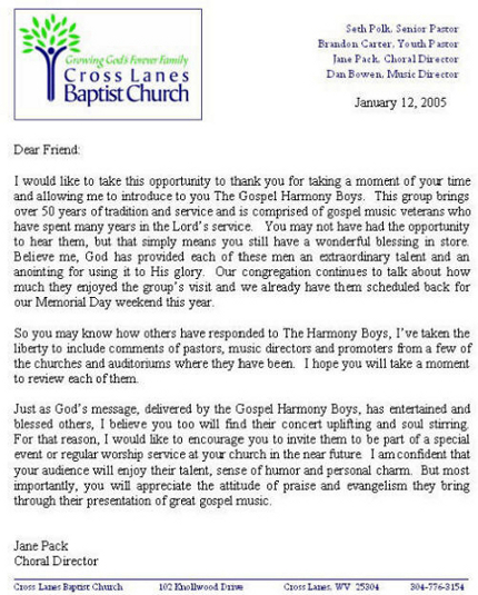 Reference letter for The Gospel Harmony Boys